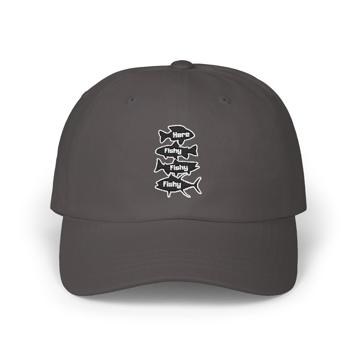 Here Fishy Fishy Fishy - Fishing Hat, Luxurious Embroidered Classic Adjustable Cap, Casual Unisex Embroidery Baseball Cap, Trucker Hat