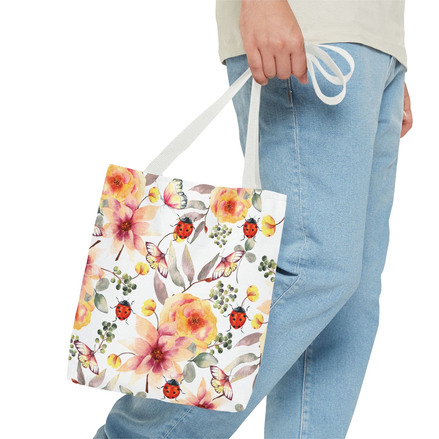 Roses Tropical Floral Ladybug Butterfly Tote Bag, Beach Bag, Grocery Bag, Summer Vibe Tote, Market Bag, Reusable Tote Bag, Flower Butterfly