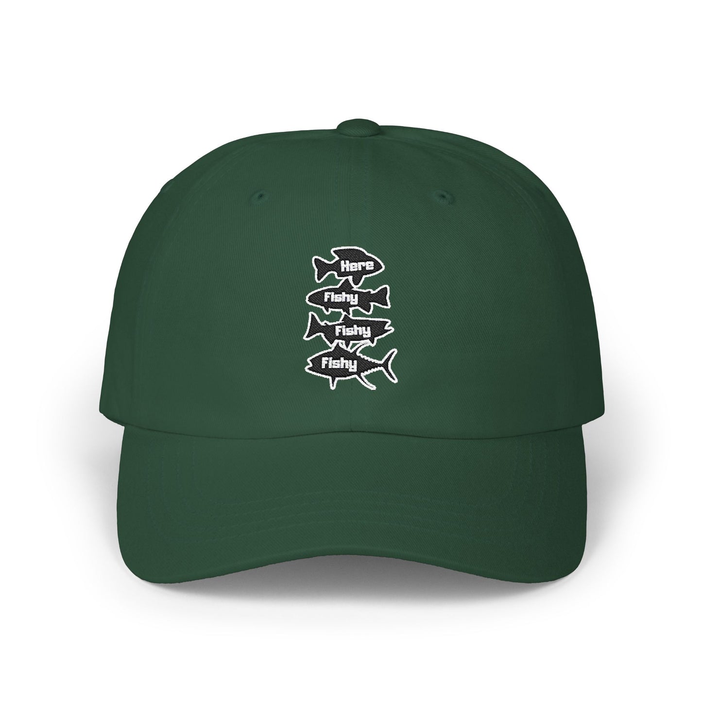Here Fishy Fishy Fishy - Fishing Hat, Luxurious Embroidered Classic Adjustable Cap, Casual Unisex Embroidery Baseball Cap, Trucker Hat