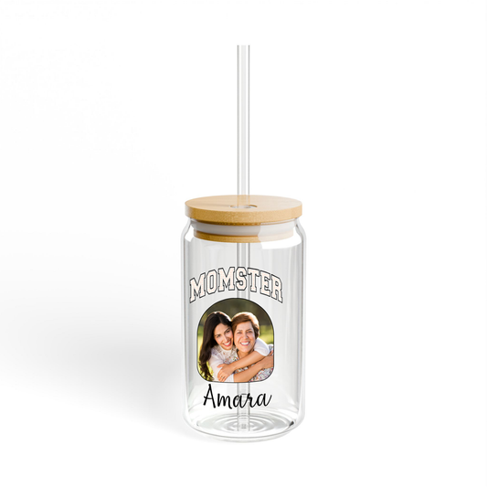 Personalized Sipper Glass Featuring a Momster Name and Photo