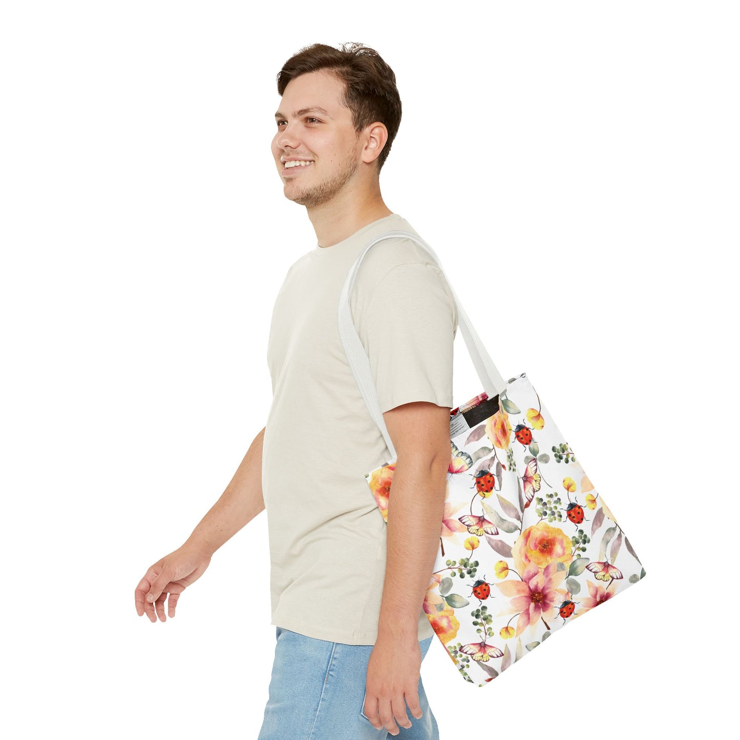 Roses Tropical Floral Ladybug Butterfly Tote Bag, Beach Bag, Grocery Bag, Summer Vibe Tote, Market Bag, Reusable Tote Bag, Flower Butterfly