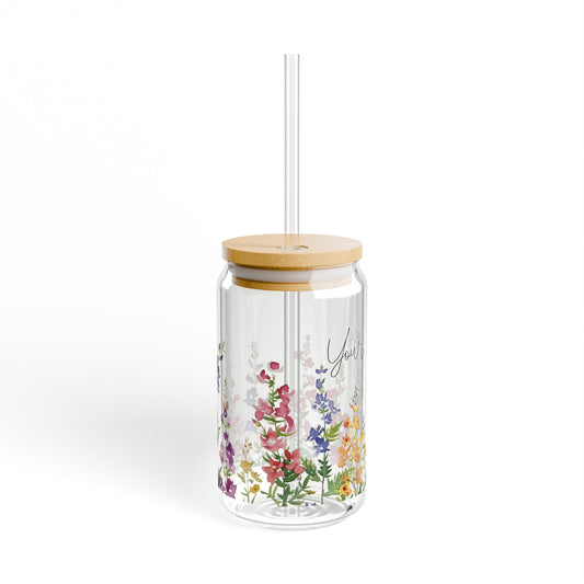 Custom Sipper Glass Can with Wrap Around 12 Month Birthflower Print Options personalized with your Name