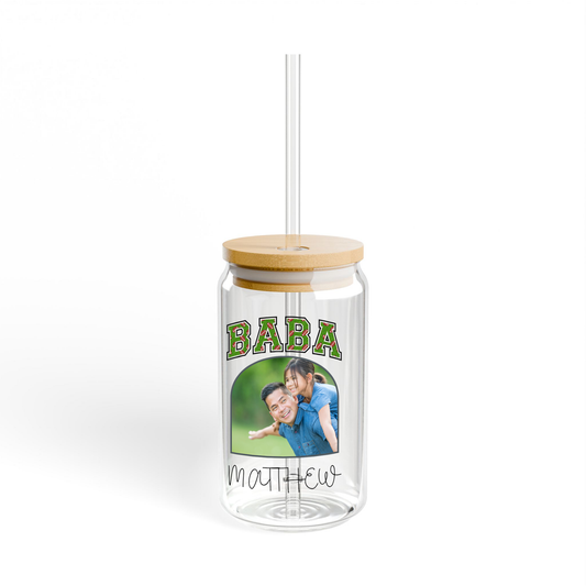 Custom Sipper Glass Can Featuring "Baba" Name and Photo