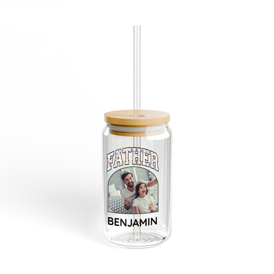 Father-Themed Sipper Glass Can with Personalized Name and Photo