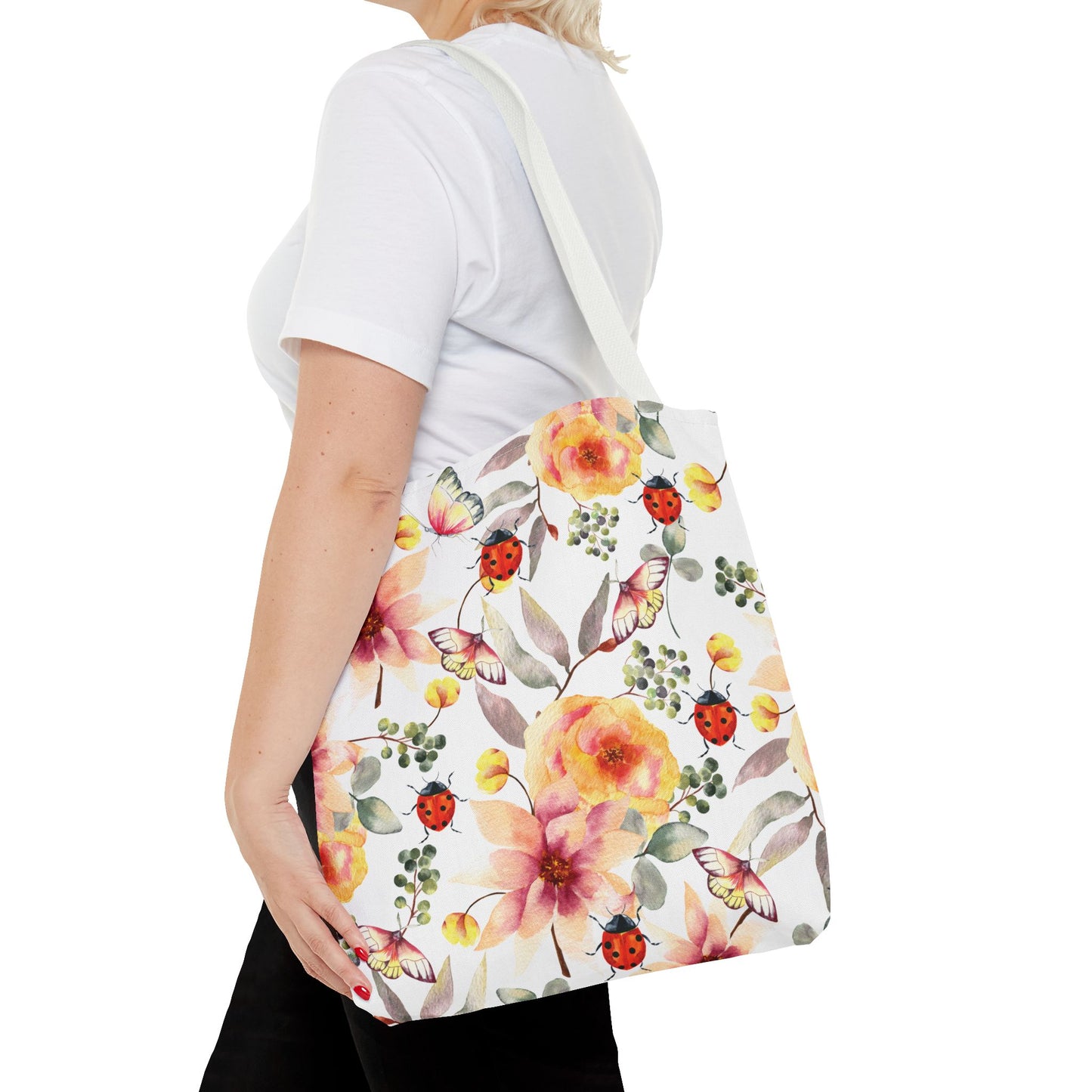 Roses Tropical Floral Ladybug Butterfly Tote Bag, Beach Bag, Grocery Bag, Summer Vibe Tote, Market Bag, Reusable Tote Bag, Flower Butterfly