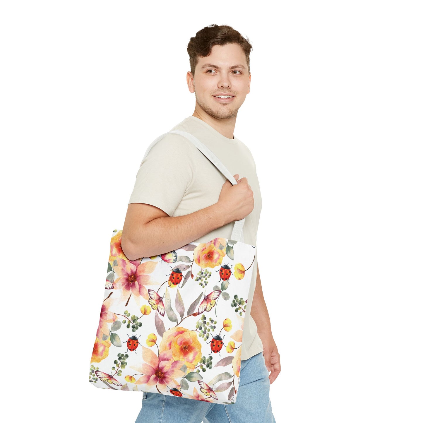 Roses Tropical Floral Ladybug Butterfly Tote Bag, Beach Bag, Grocery Bag, Summer Vibe Tote, Market Bag, Reusable Tote Bag, Flower Butterfly