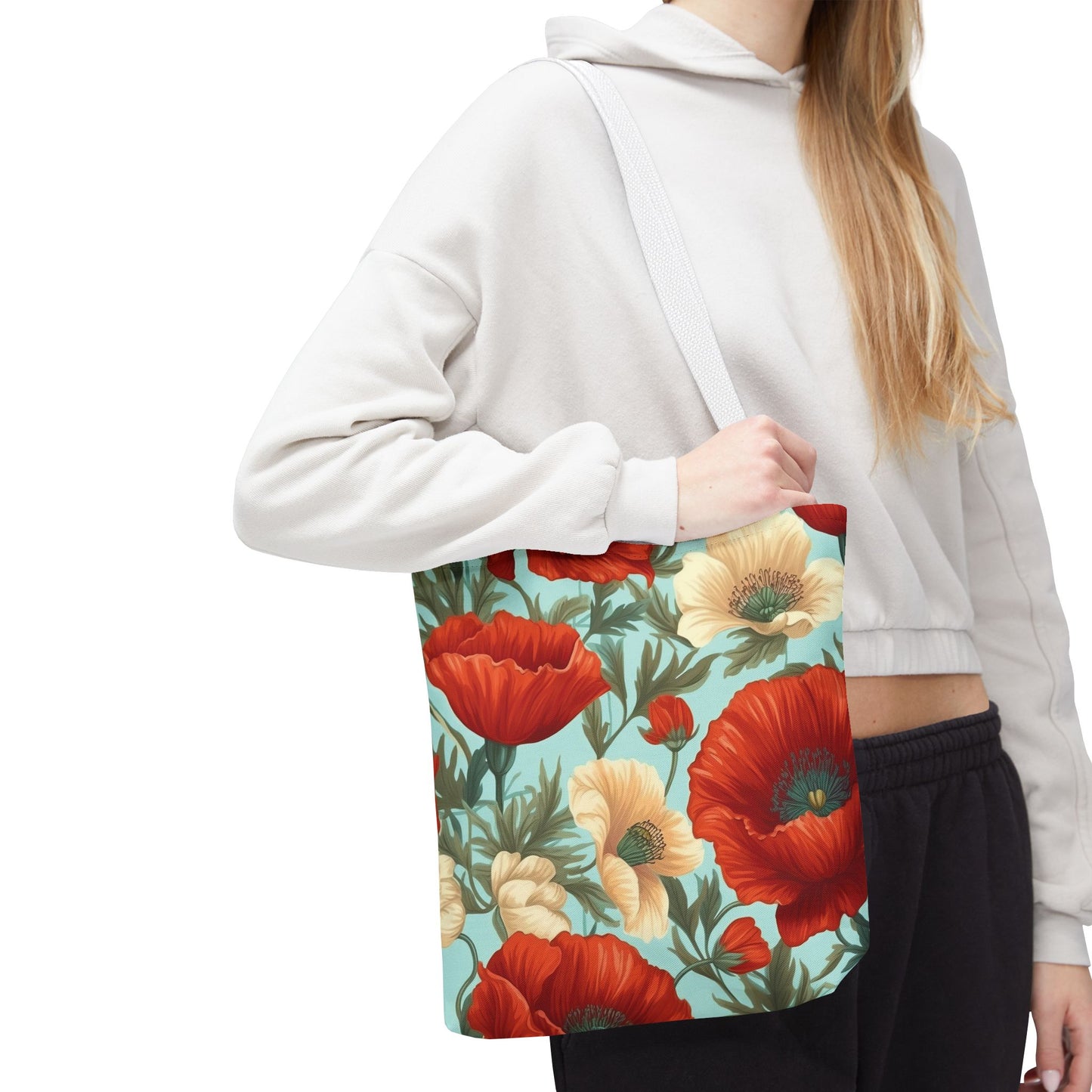 Red & White Poppies Floral Tote Bag