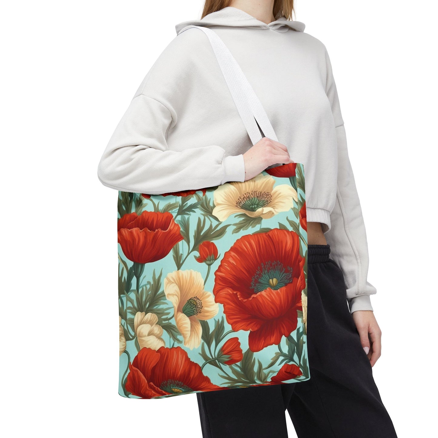 Red & White Poppies Floral Tote Bag