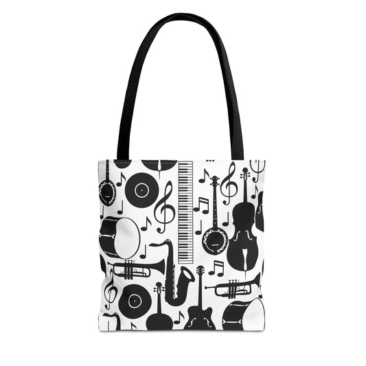 Black an White Musical Instrument Print all over print tote bag available at Orange Moons