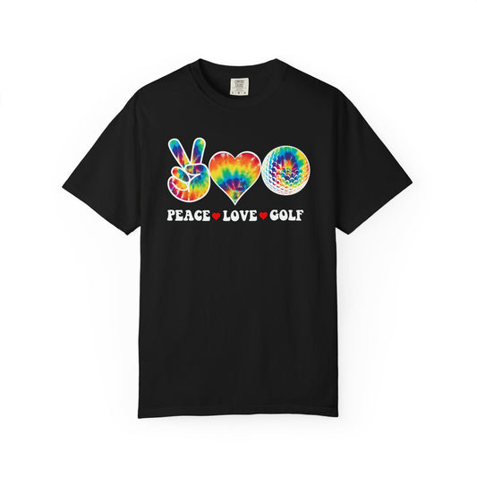 Peace Love Golf T-shirt, Funny Tee, Hippie Golf Tee, Tie Dye Golf Shirt
