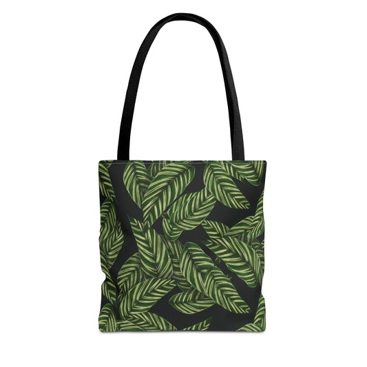 Sage and Forest Green Leaves on Black Background Floral Tote Bag