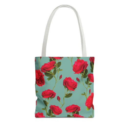 Pink Red Roses on Turquoise Floral Tote Bag