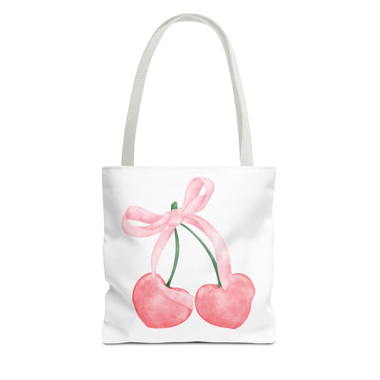 Watercolor Coquette Pink Bow & Cherries Tote Bag