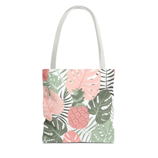Pink Monstera Deliciosa Tropical Plant & Pineapple Floral Tote Bag